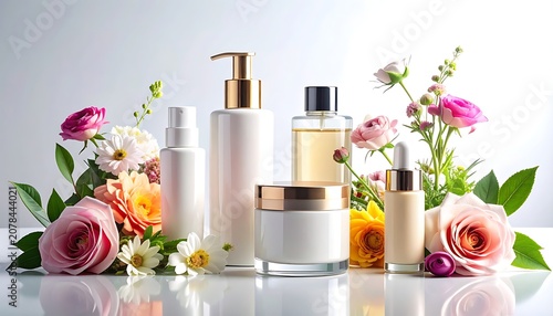 beauty products with flowers around them.