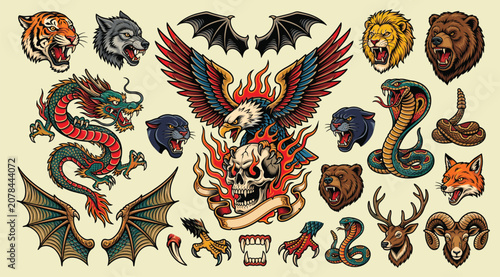 Foto Bold traditional tattoo of a fierce eagle over a winged skull with flames and flowing ribbons