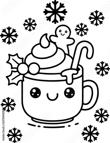 Kawaii christmas hot chocolate line art