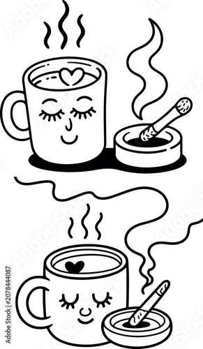 Whimsical cartoon coffee cups with cigarette ashtray illustrations
