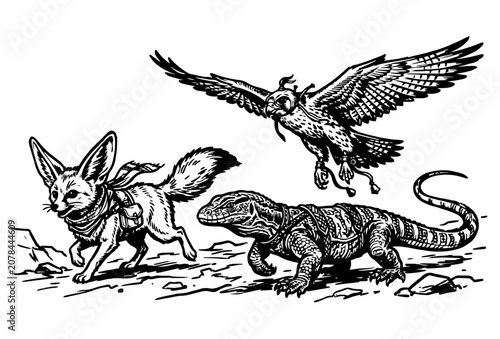 Bild auf Leinwand Black and White Hand Drawn Sketch Illustration of Fennec Fox Falcon and Desert M