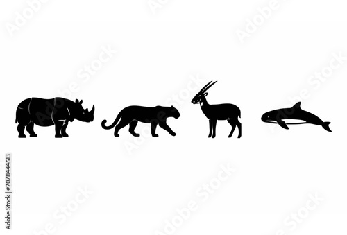 Photography Black Flat Silhouette Icon Set of Rhino Leopard Antelope and Dolphin Endangered
