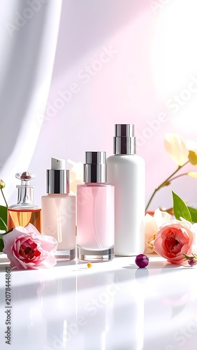 Beauty products with flowers on table.