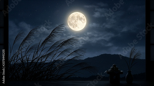 Traditional Japanese full moon and pampas grass for Otsukimi festival background