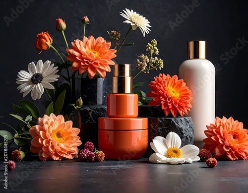 Beauty products with flowers on table.