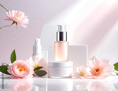 Beauty products with flowers on table.