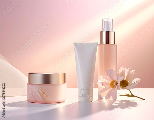 Beauty skincare products with flowers display.