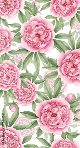 Elegant Pink Peony Flowers with Green Leaves Pattern for Design and Decoration.