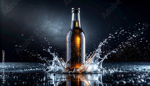 Beer bottle splashing in dark water.