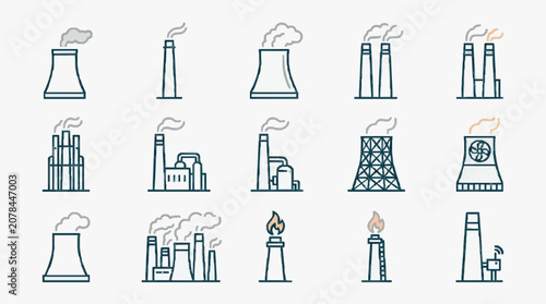 Elegant Monochromatic Line Art Icons of Various Industrial Power Plants and Energy Facilities with high quality professional line art symbols for modern creative design and digital branding projects