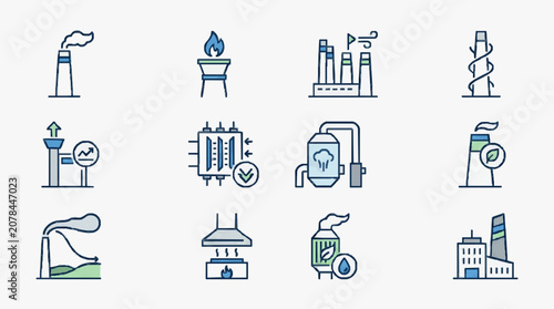 Industrial Energy Production and Environmental Solutions Illustrated with Minimalist Blue and White Icons