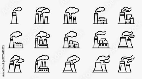 Professional Black and White Line Icons Set of Industrial Factories and Power Plants with Emissions