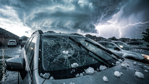 giant jagged hailstones creating shattered glass web patterns on vehicle windshields during a severe supercell thunderstorm in a dramatic cinematic style weather event