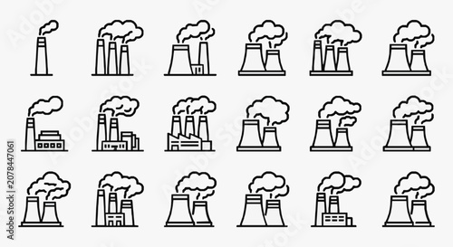 Dynamic Set of Black and White Industrial Power Plant Icons with Emissions and Various Factory Structures