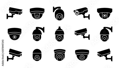 Photos Security Camera Icons Collection, Surveillance System Vector Graphics, CCTV Equi