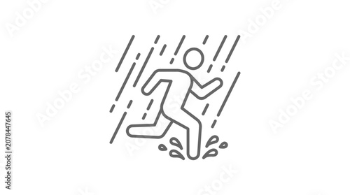 Person running through rain storm line art.