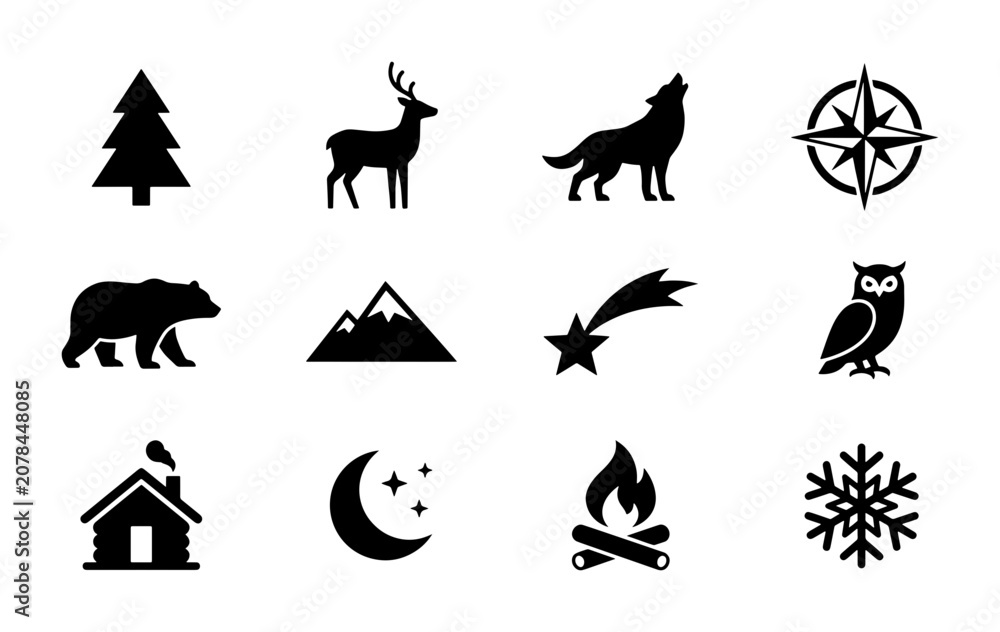Fototapeta premium Nature and Wildlife Icons Set: Forest Animals, Mountains, Celestial Elements, and Rustic Symbols for Outdoor Adventures and Wilderness Themes