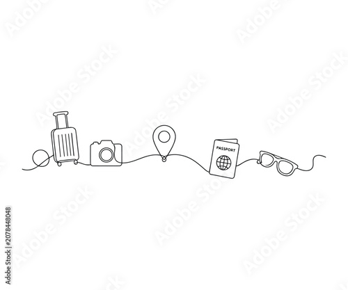 Travel essentials line icons set with suitcase, camera, passport, location pin and sunglasses vector illustration