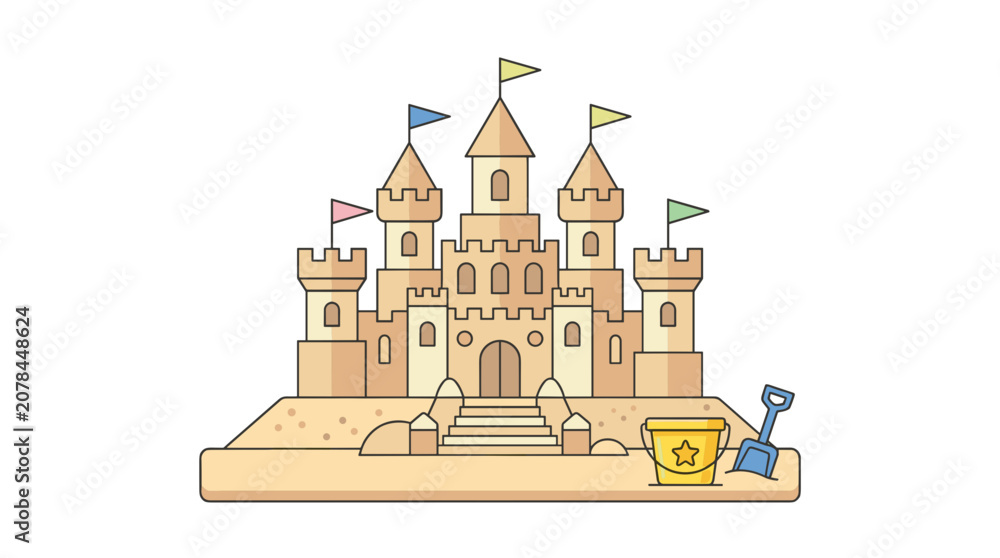 Naklejka premium Sandcastle on Beach Flat Vector Illustration