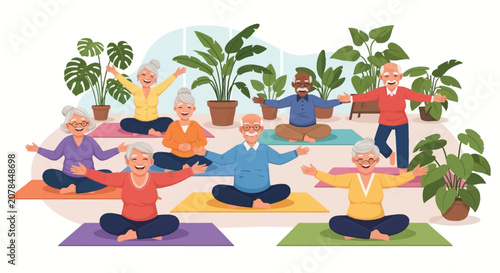 Vector illustration of diverse senior citizens sitting on yoga mats in a bright indoor studio with potted plants. Elderly men and women are laughing during group meditation and stretching.