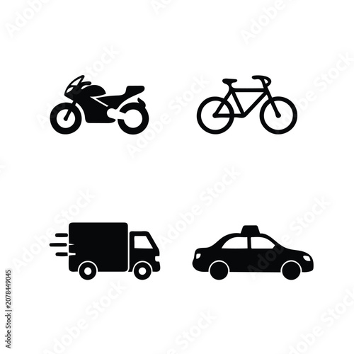 Urban transport and delivery concept with motorcycle, bicycle, truck and taxi car vector silhouette icons