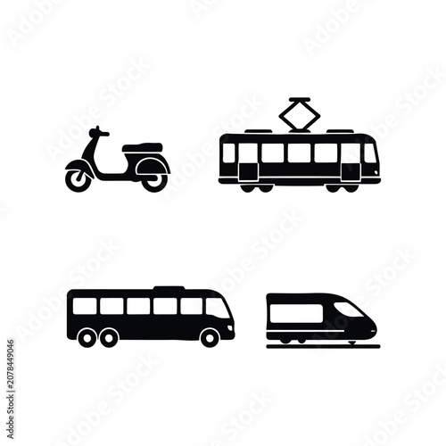 Public and urban transportation icons set with scooter, tram, bus and high-speed train vector silhouette illustration