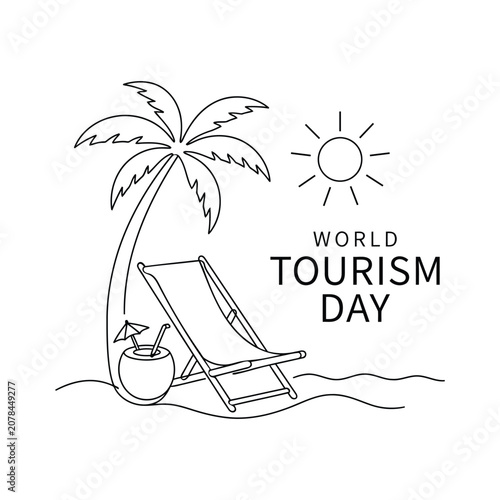 World Tourism Day beach relaxation concept with palm tree, sun, deck chair and tropical drink vector illustration