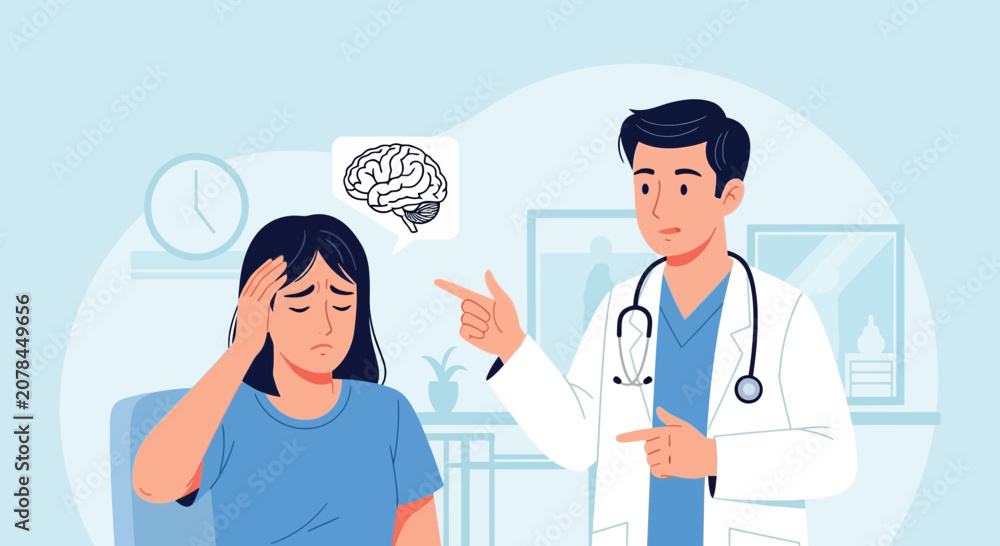 Fototapeta premium Doctor consulting patient with headache and brain icon