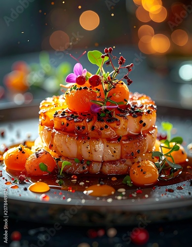 A gourmet dish with shrimp, vibrant garnishes, and sauce