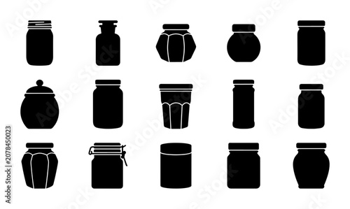 Photos Set of 15 Black Silhouette Glass Jars and Containers, Vector Icons for Food Pres