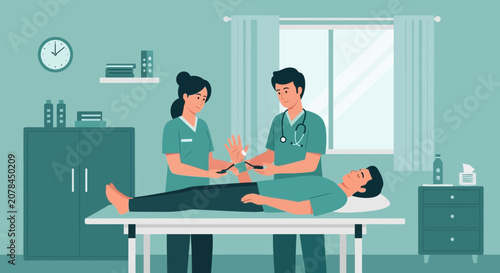 Medical examination: doctor and nurse check patient reflexes in clinic