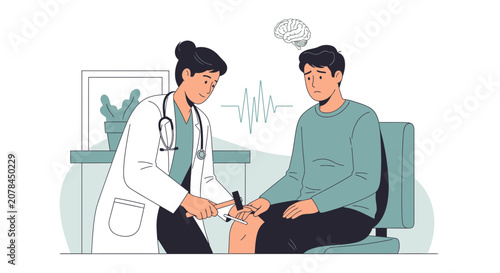 Neurologist testing patient's reflex with hammer, brain scan symbol
