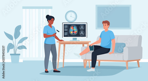 Neurologist examining patient's reflexes with hammer and brain scan on monitor