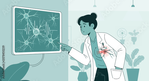 Scientist examining brain neurons diagram and heart cardiology symbol