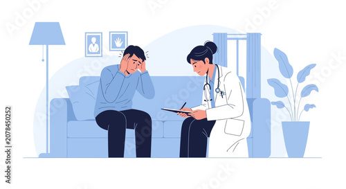 Psychologist counseling a distressed man in a therapy session, illustration