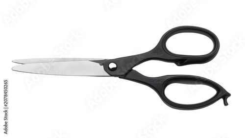 Black handled scissors lie open