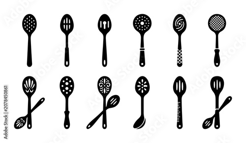 Fotografi Slotted Spoon Collection, Kitchen Utensil Icons, Cooking Tools Vector Set, Culin
