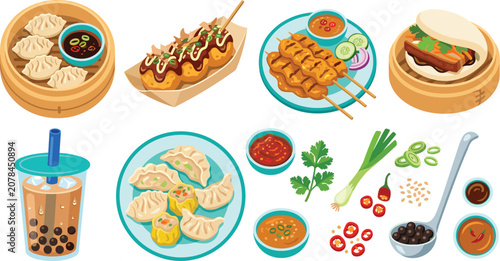 Tableau sur toile Asian street food vector illustration set featuring dim sum dumplings takoyaki b