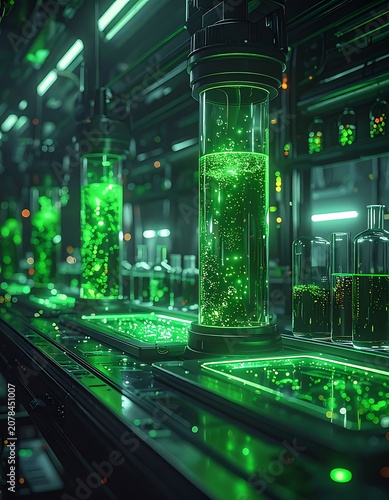 Biotechnology laboratory with green glowing tubes.