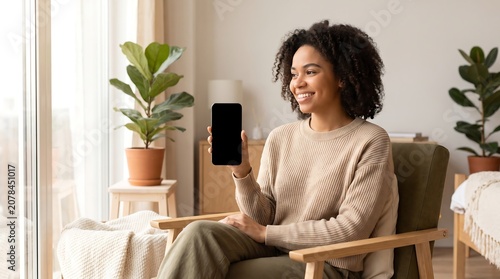Woman Holding Smartphone In Living Room Realistic Photo With Natural Lighting african american adult apartment