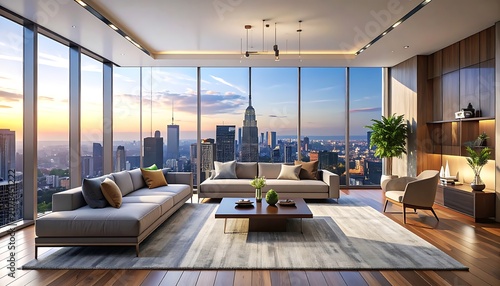 A modern living room with a city view at sunset (200)