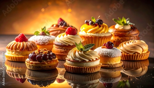 A mouthwatering assortment of eight decorated pastries on a reflective surface