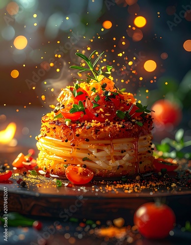 A mouthwatering stack of pancakes topped with fresh tomatoes and herbs