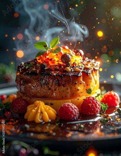 A mouthwatering stack of pancakes with fruit and syrup