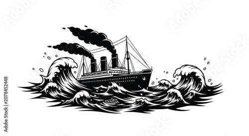 Bild auf Leinwand Ocean liner with waves black and white vector silhouette