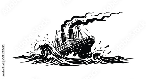 Quadro su tela Ocean liner amidst waves black and white vector silhouette