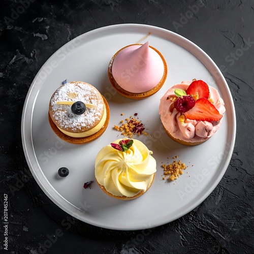 A plate of assorted pastries with creamy toppings and fruit