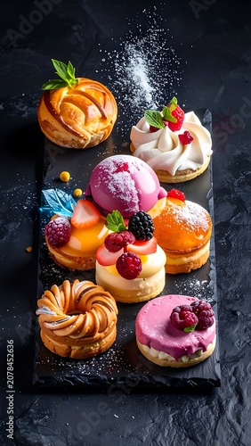 A platter of assorted pastries and desserts with berries