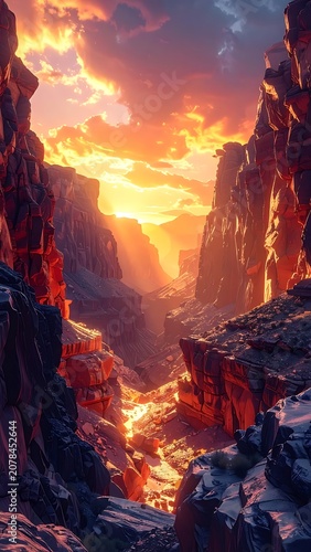 A rocky canyon landscape with a vibrant orange and yellow sunset