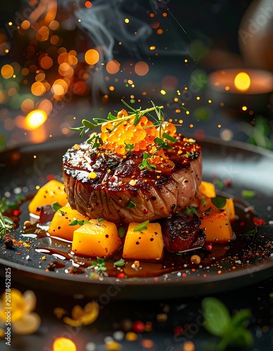 A savory dish of grilled steak with roasted vegetables and herbs